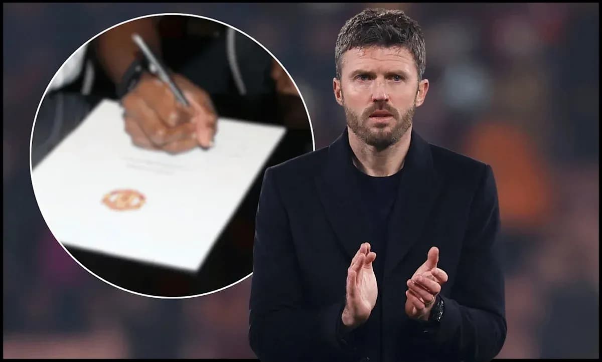 Michael Carrick clapping with contract signing in background