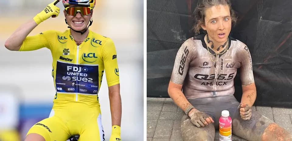 Two cyclists: one celebrating, one muddy and seated