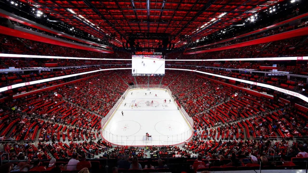 Little Caesars Arena filled with fans during hockey game