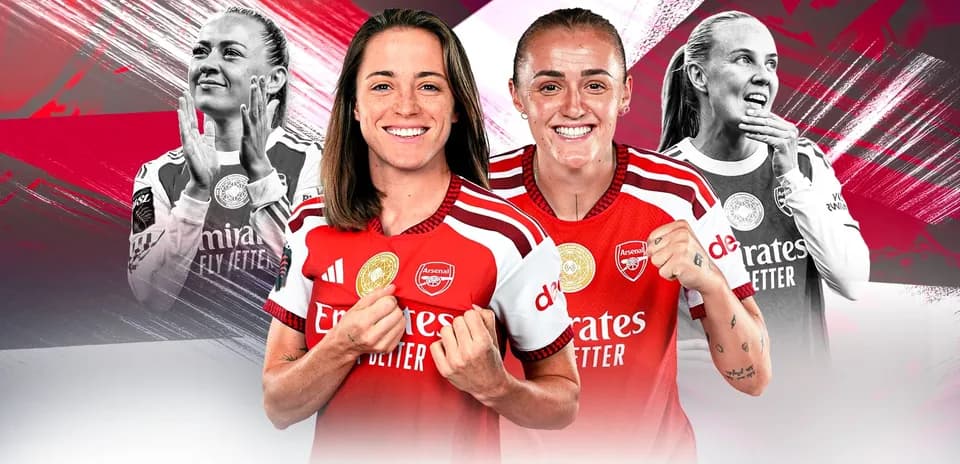 Arsenal women's players posing in team jerseys
