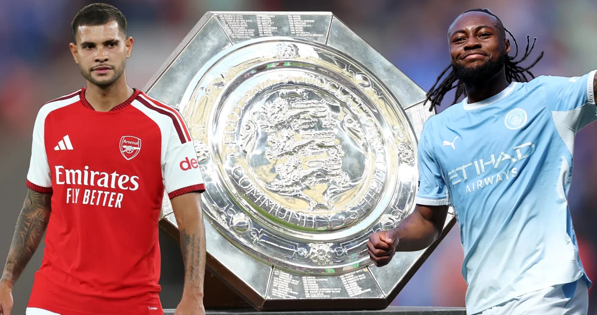 Arsenal and Manchester City players with trophy