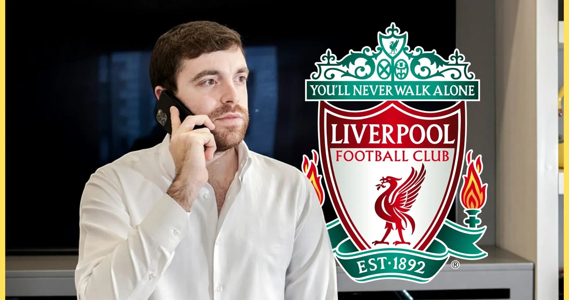 Man talking on phone with Liverpool FC logo