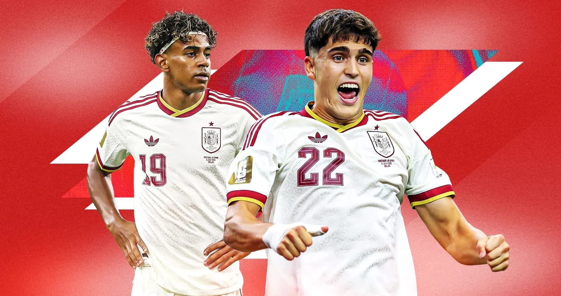 Ikkita futbolchi Ispaniya formasi bilan tasvirlangan