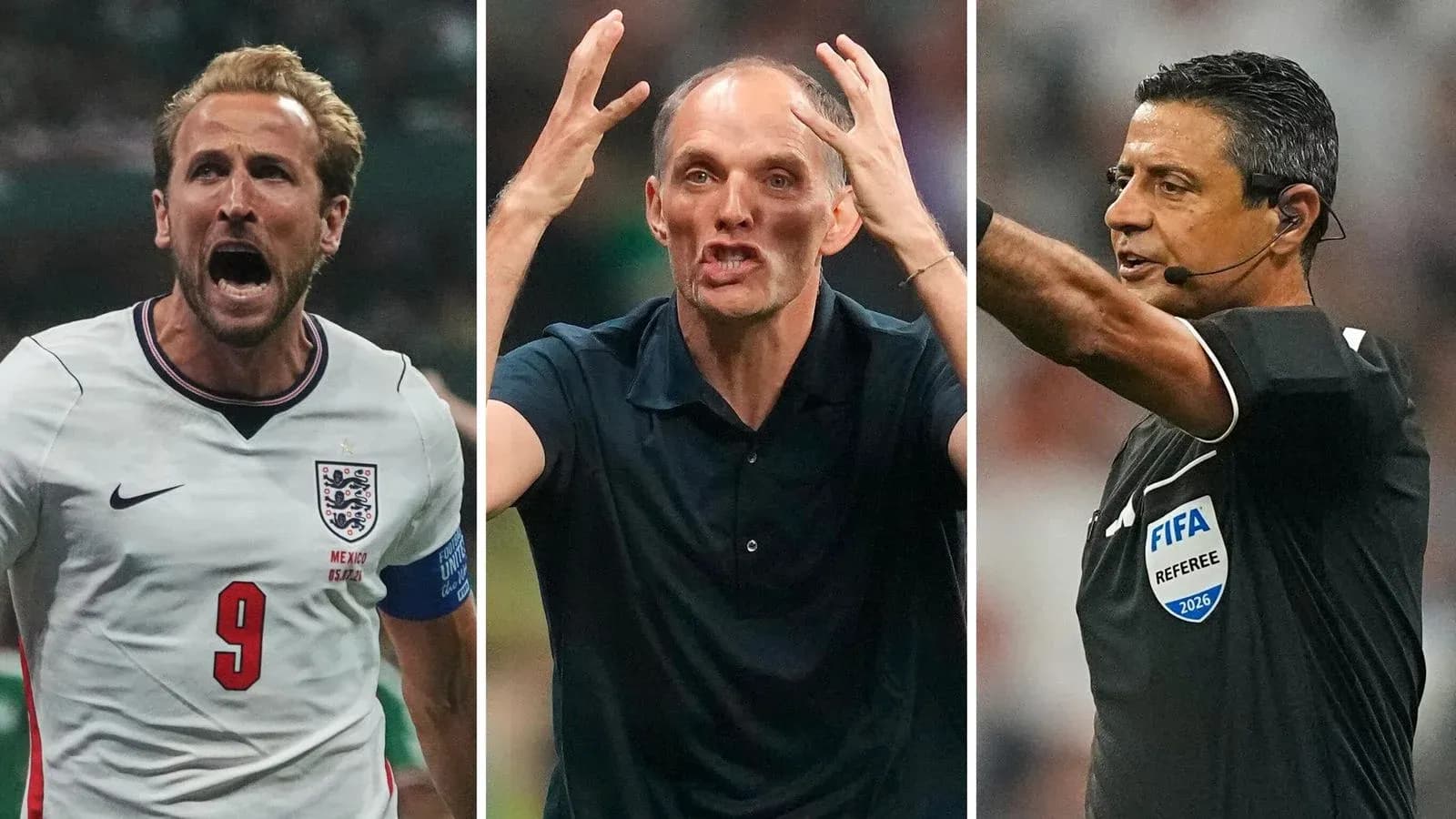 Harry Kane, Thomas Tuchel, and referee during match