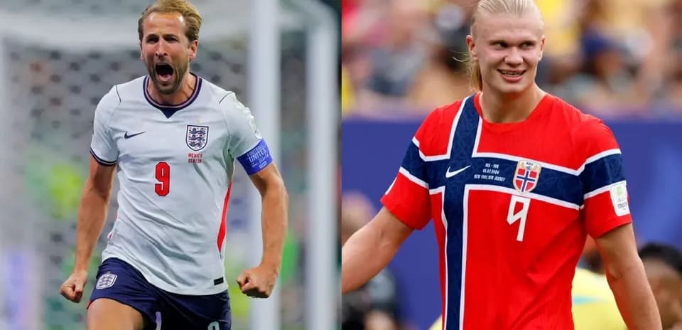 Harry Kane and Erling Haaland posing in jerseys