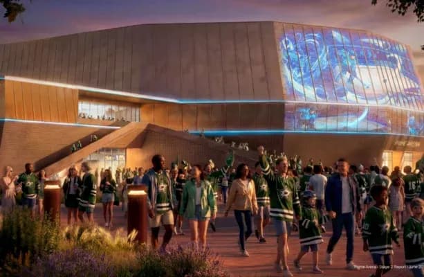 Fans in green jerseys outside new sports arena