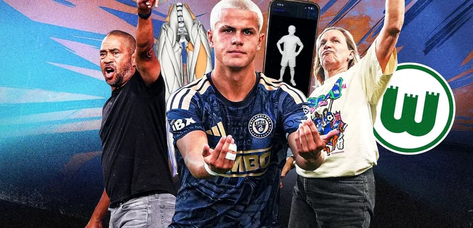 Three individuals celebrating with sports imagery in background