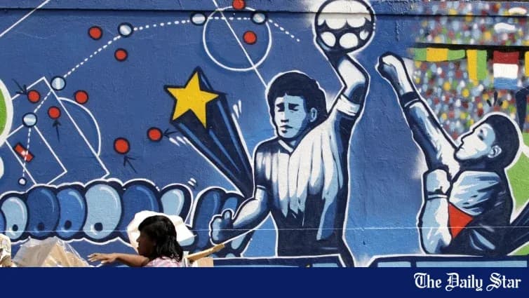 Mural depicting soccer players and vibrant designs