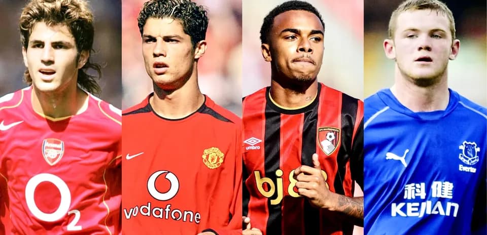 Four football players in various team jerseys