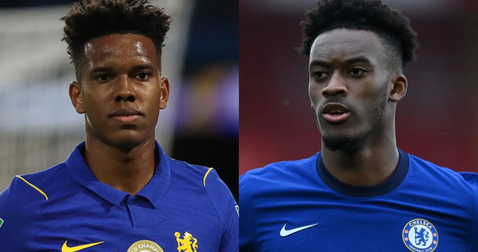 Two Chelsea players in blue jerseys looking forward