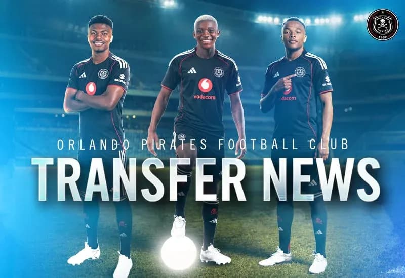 Orlando Pirates players posing for transfer news announcement