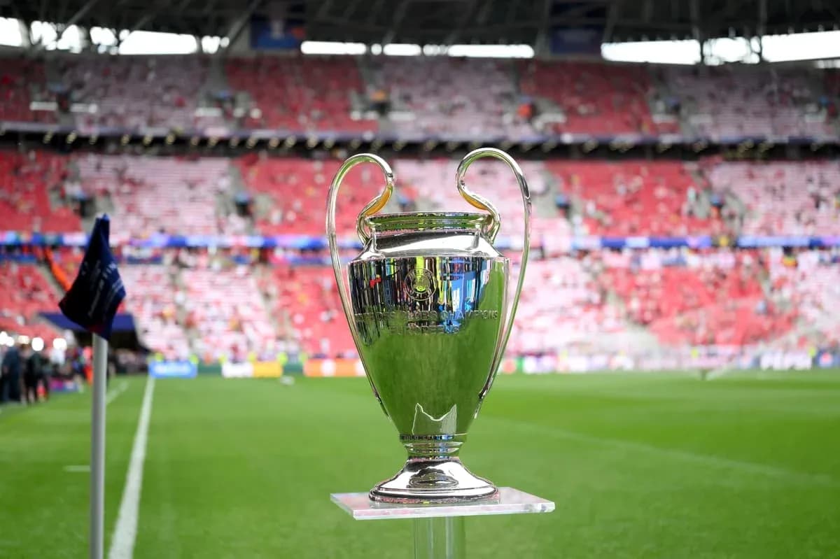 Champions League trophy on the pitch before match