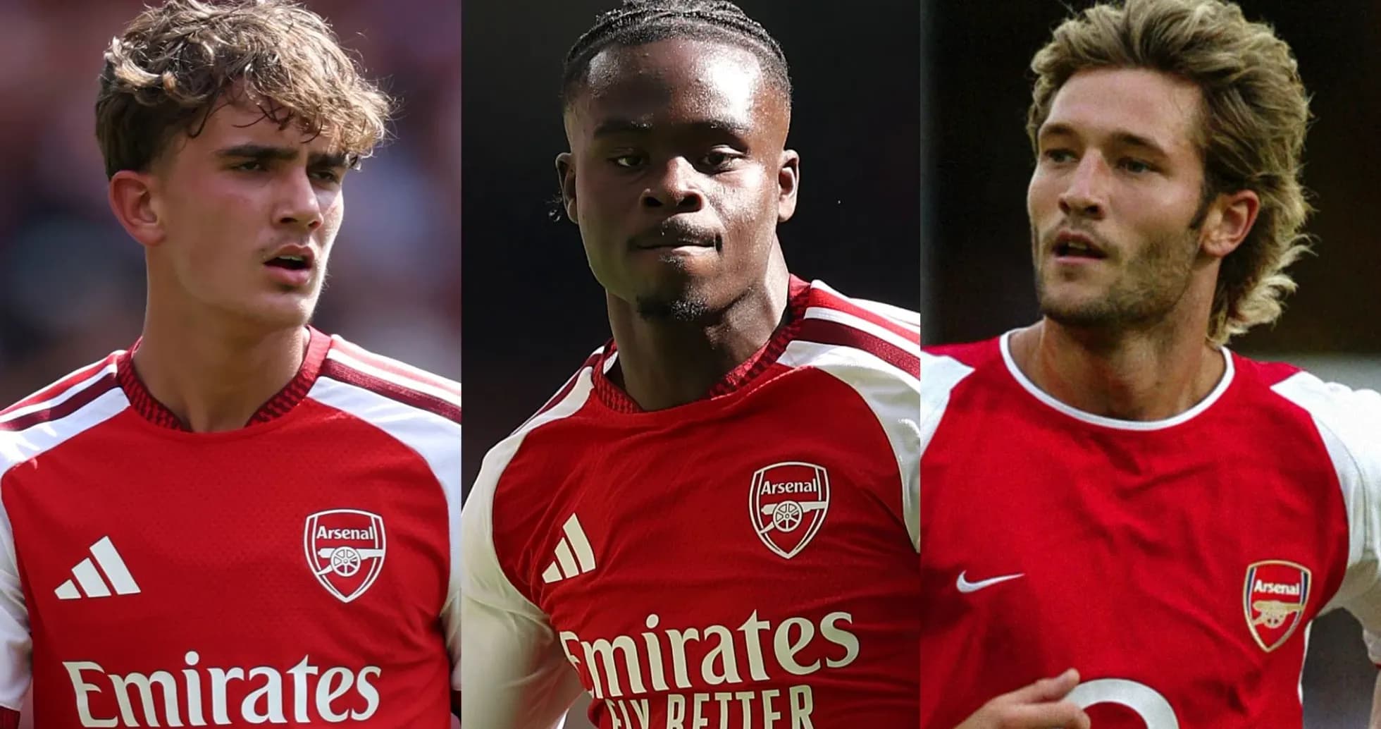 Three Arsenal players posing in team jerseys