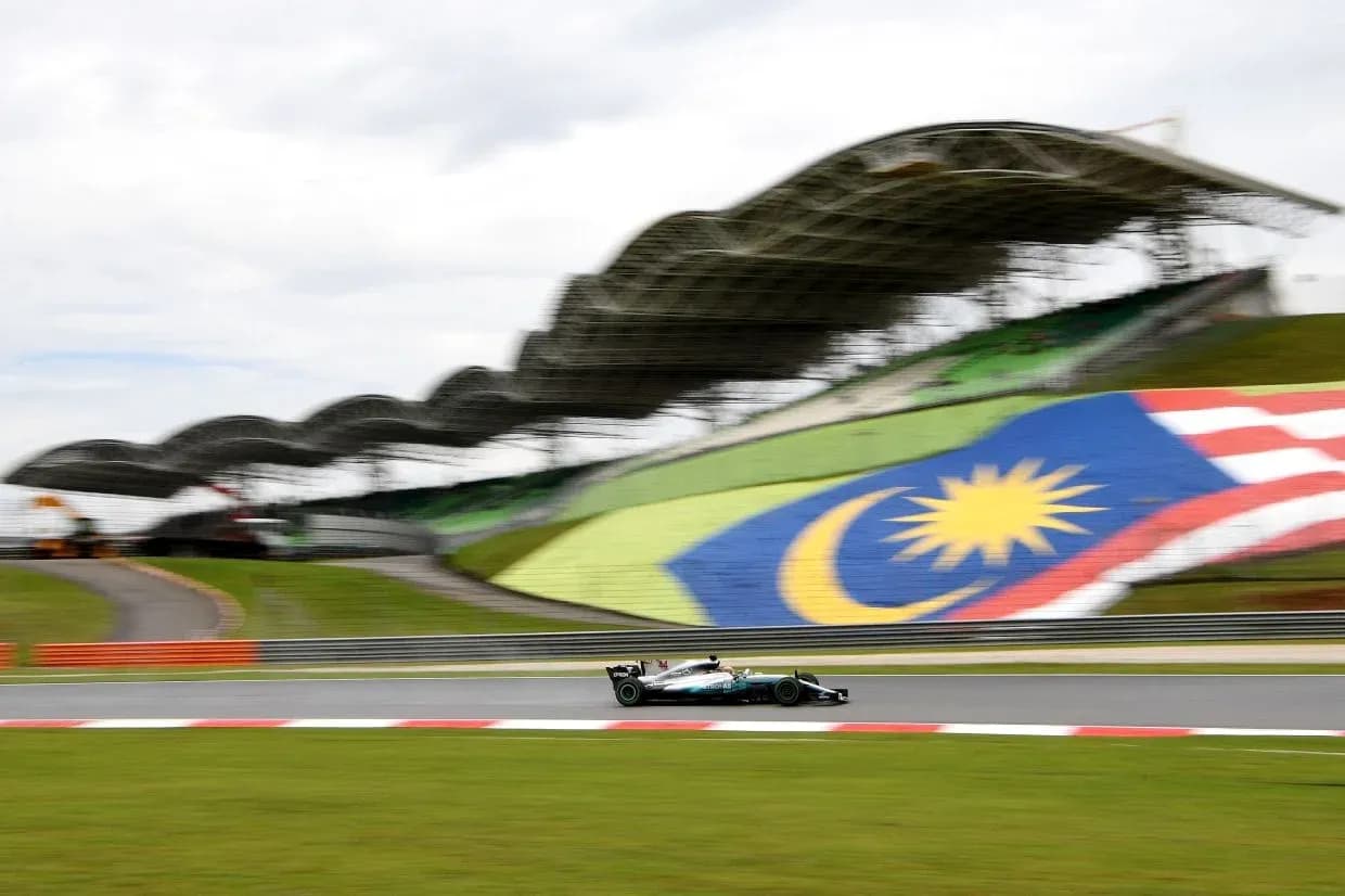 Formula 1 car racing at Malaysian circuit