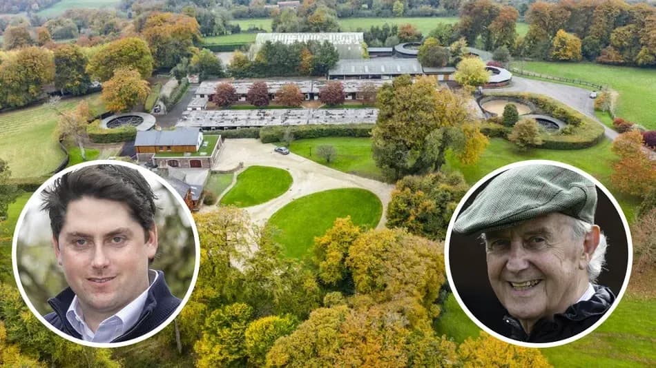 Aerial view of horse training facility with two men