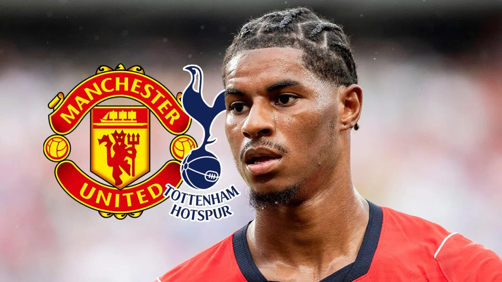 Futbolchi Manchester United va Tottenham Hotspur logotiplari bilan Futbolchi Manchester United va Tottenham Hotspur logotiplari bilan