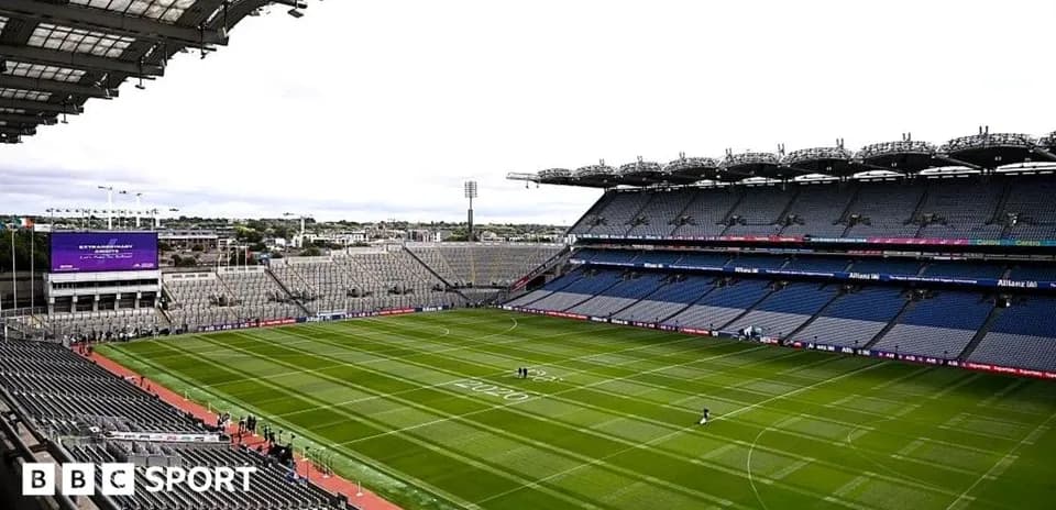 Croke Park stadium with empty stands and green pitch