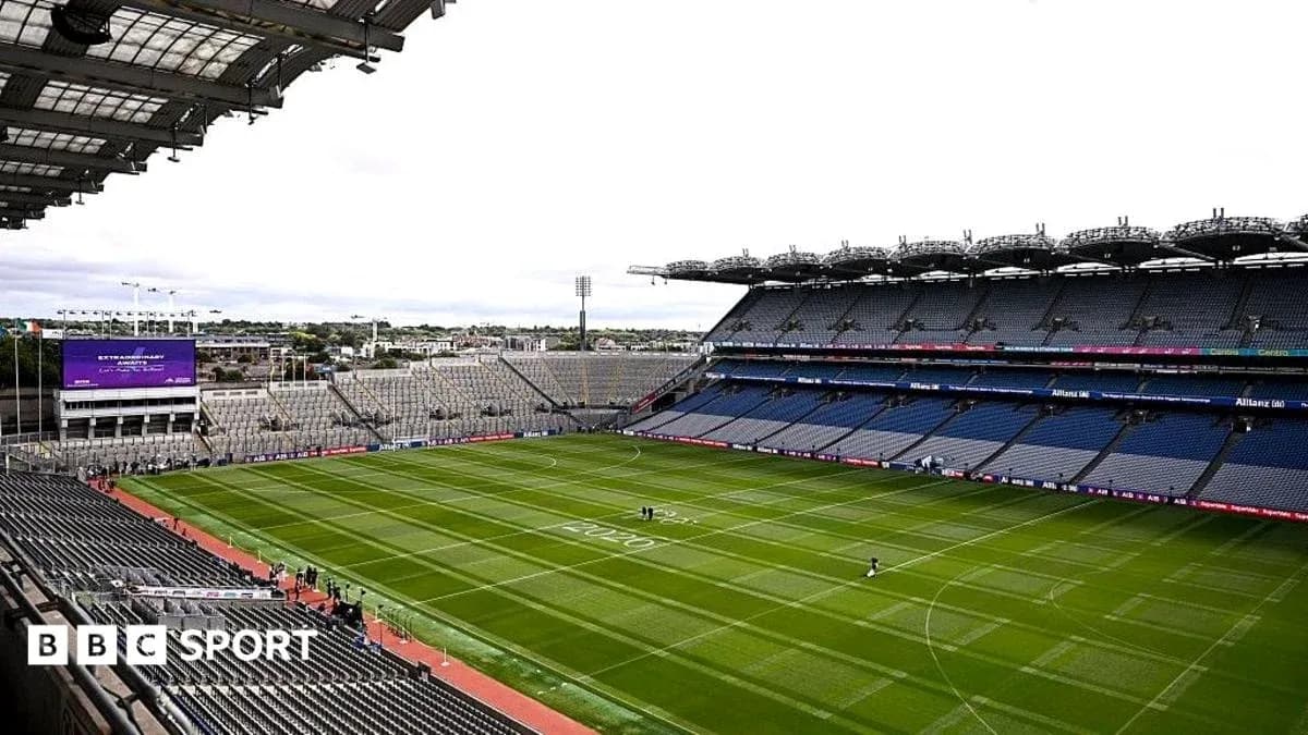 Croke Park stadium with empty stands and green pitch