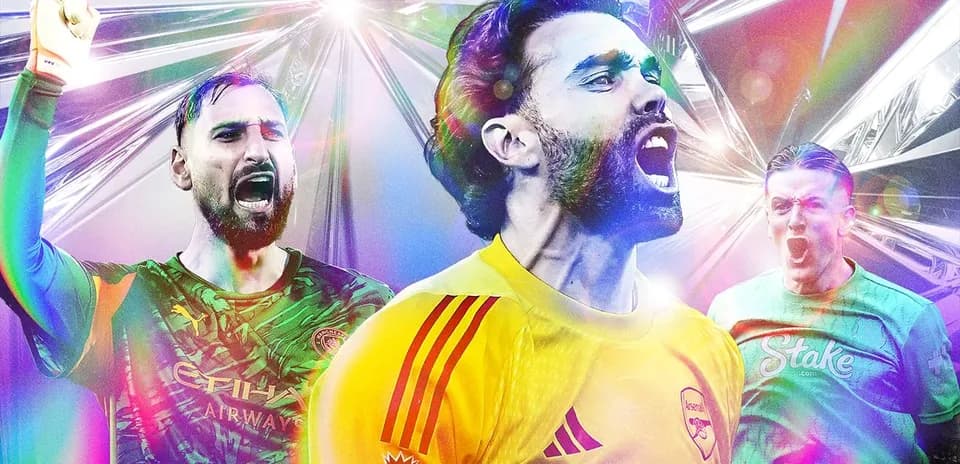 Three goalkeepers celebrating in colorful graphic design