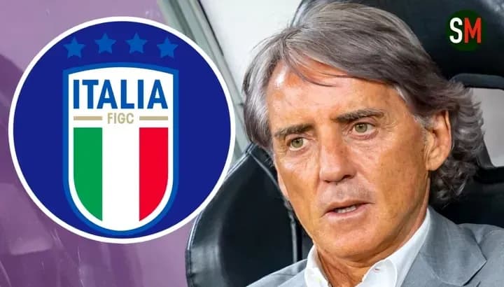 Menejer Roberto Mancini va Italia futbol federatsiyasi logotipi