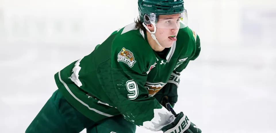 Hockey player in green uniform skating on ice