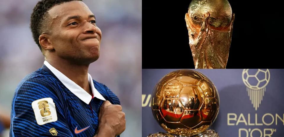 Kylian Mbappé with trophies: World Cup and Ballon d'Or