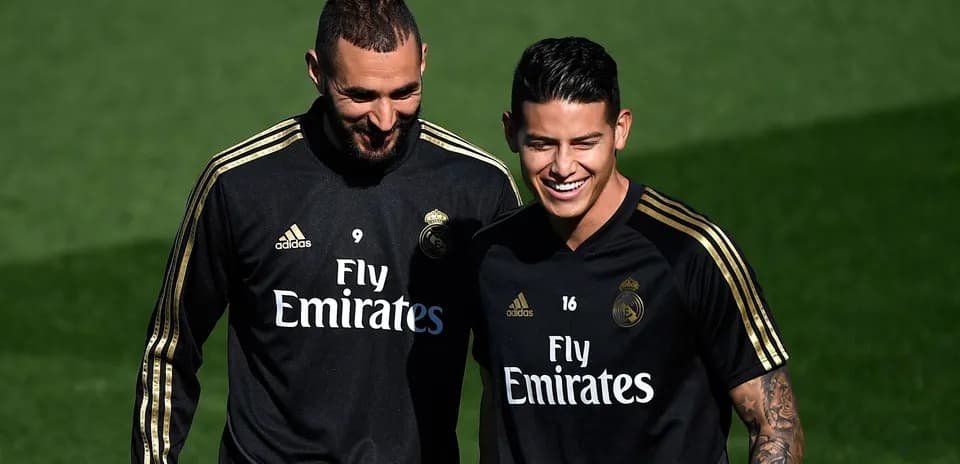 James Rodríguez and Karim Benzema during training session