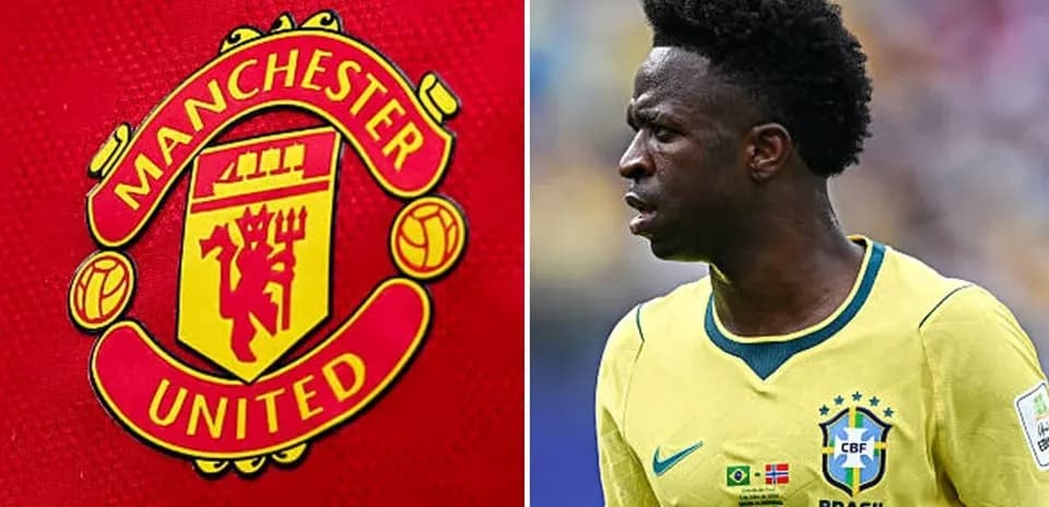 Manchester United logo and Vinicius Jr. during match