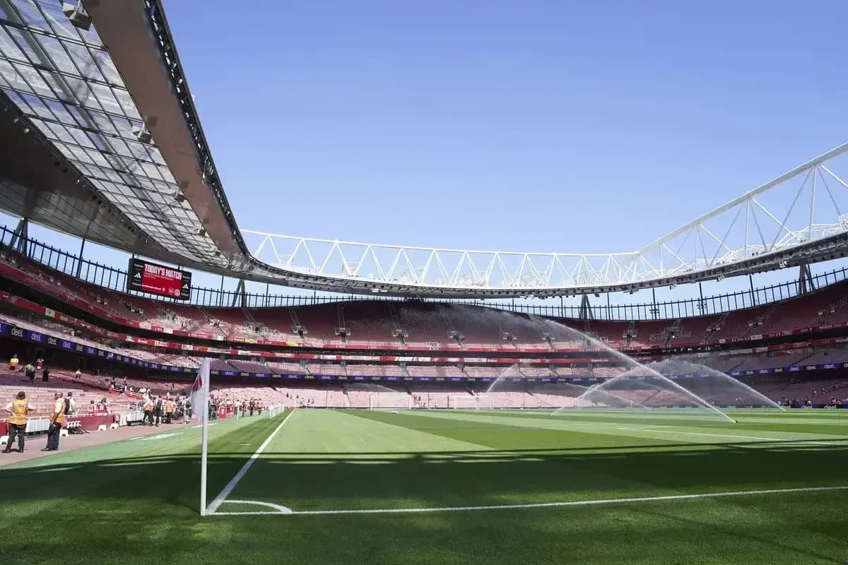 Emirates Stadium field with sprinklers on Emirates Stadium field with sprinklers on