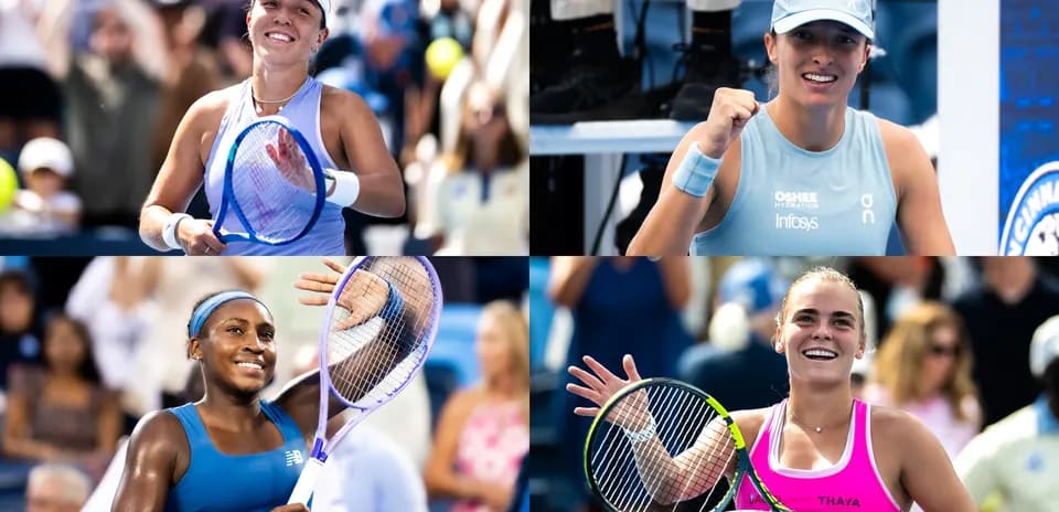 Four tennis players celebrating after matches