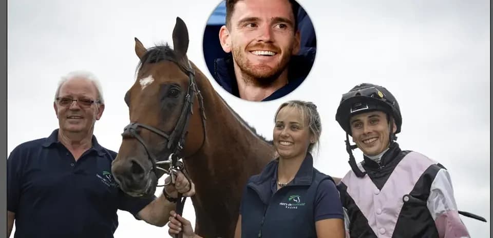 Three people posing with a horse at event