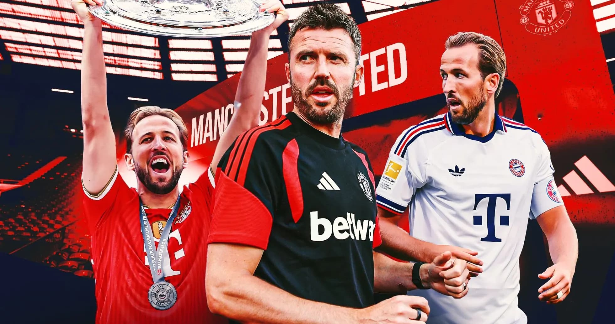 Three football players in team jerseys with trophies