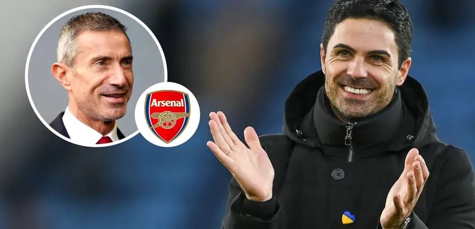 Mikel Arteta clapping with Arsenal logo in background