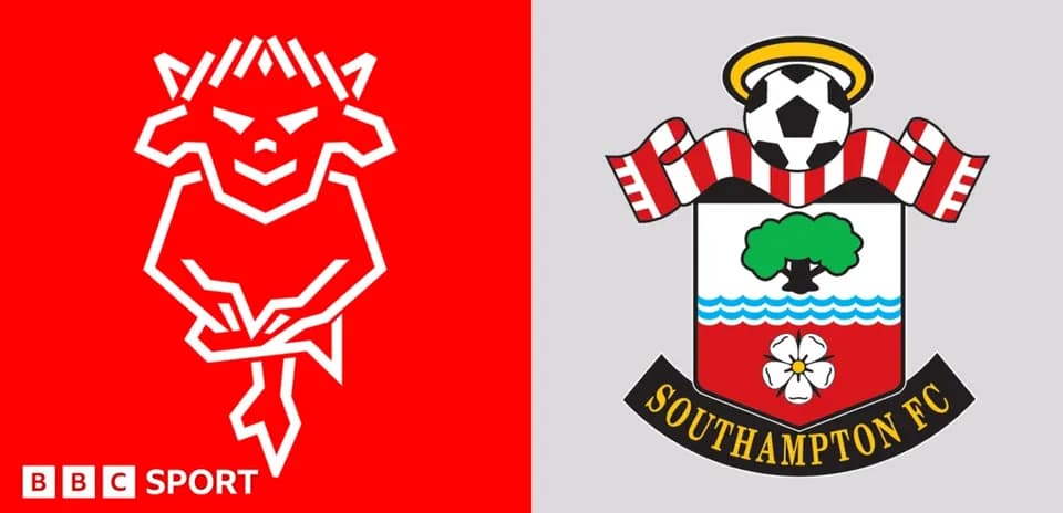 Logos of two football teams on colored backgrounds