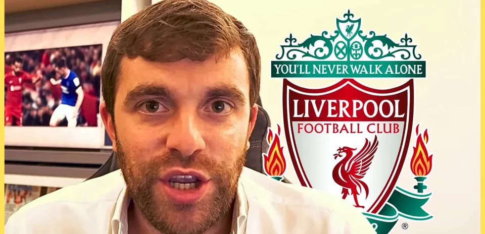 Football commentator speaking with Liverpool logo background