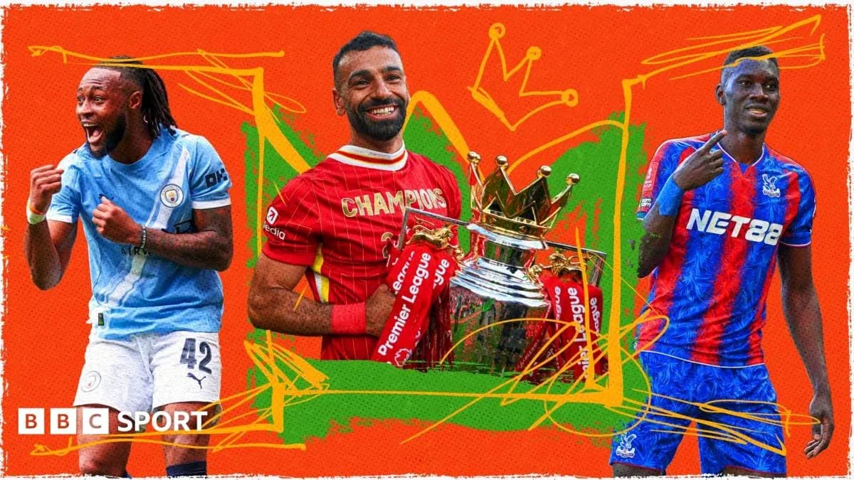 Three football players celebrating with Premier League trophy