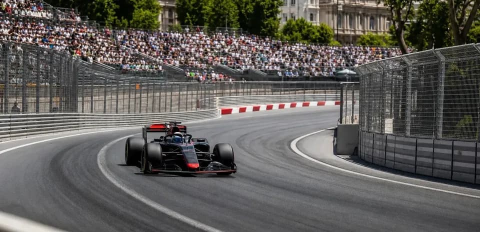 Formula 1 car navigating a curve on the track