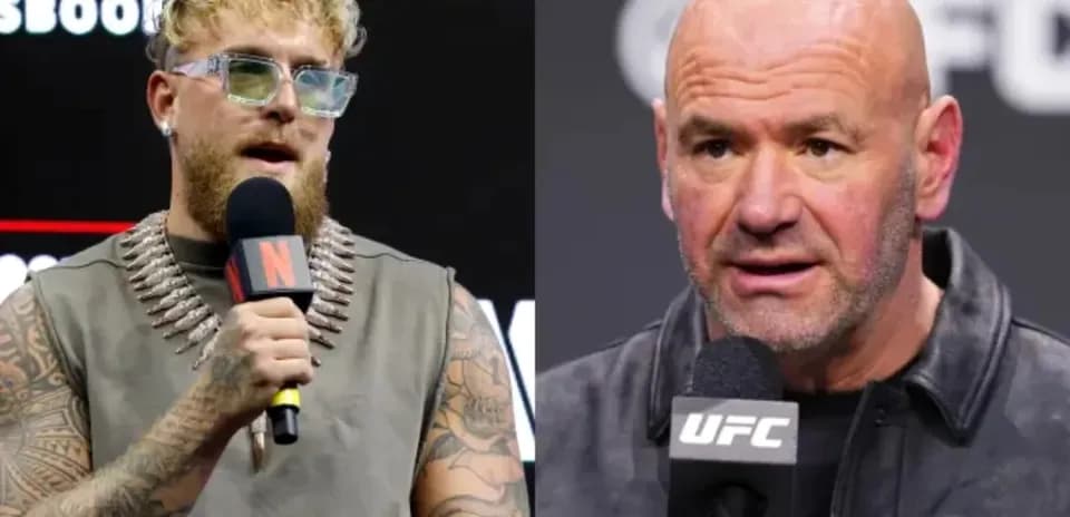 Jake Paul and Dana White speaking at event