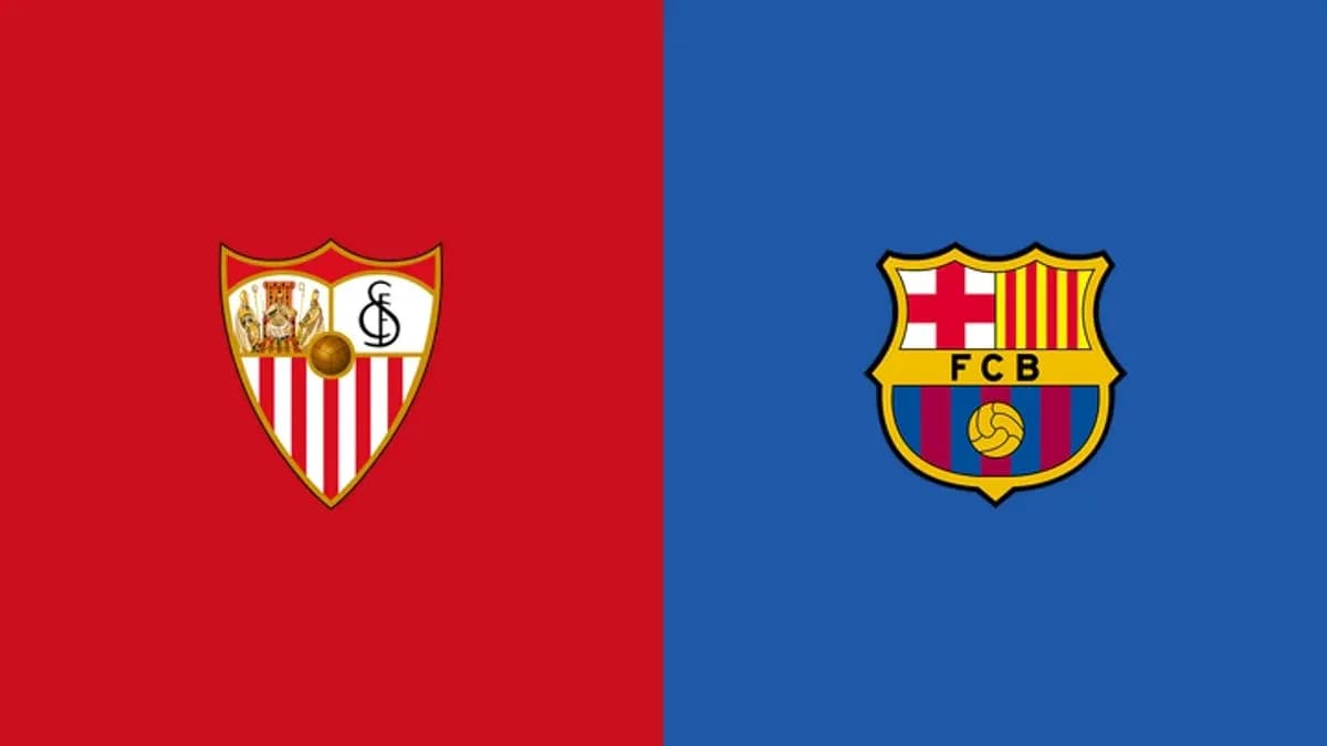 Logos of Sevilla FC and FC Barcelona on colored backgrounds