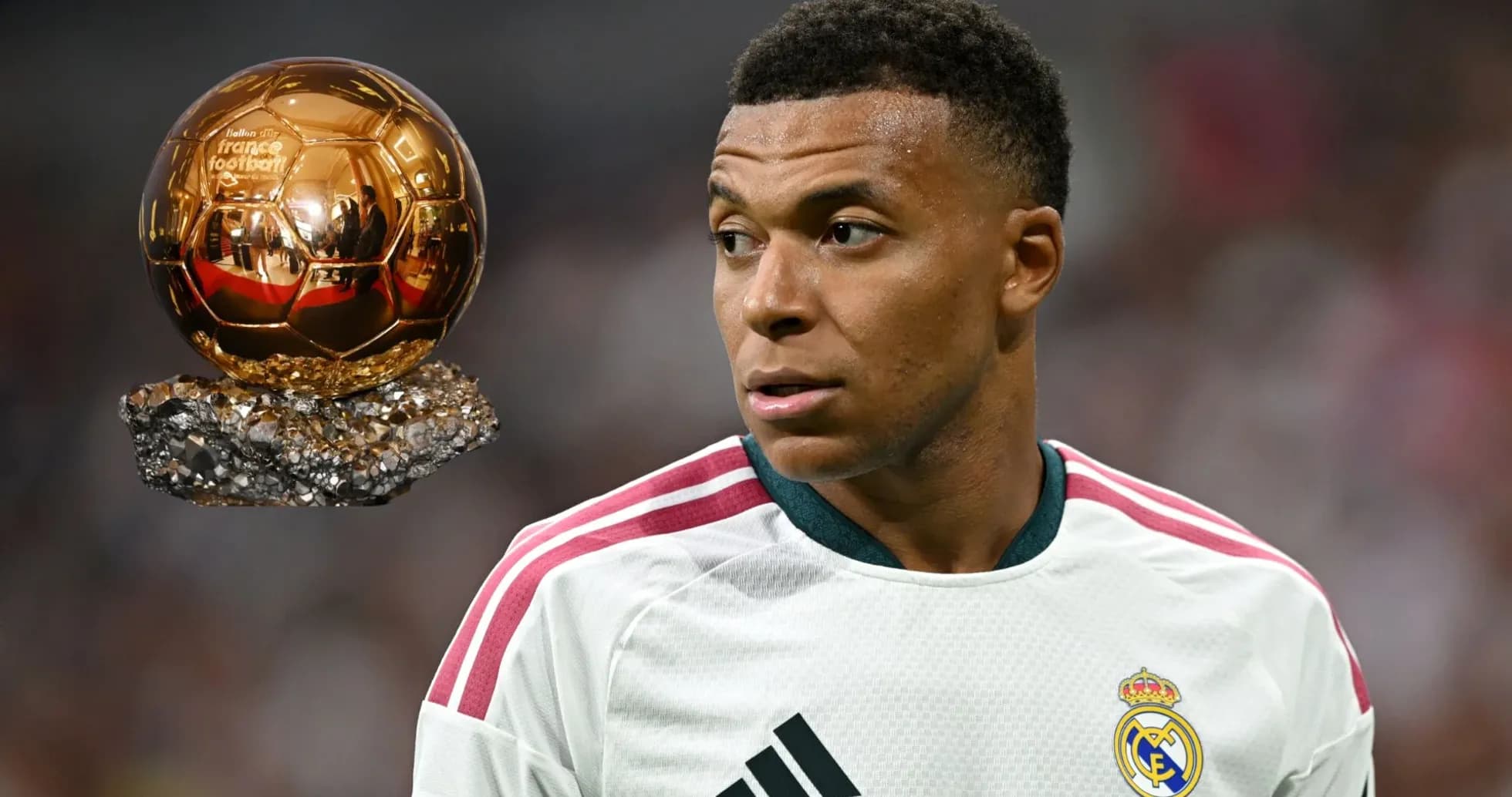 Kylian Mbappé with Ballon d'Or trophy nearby