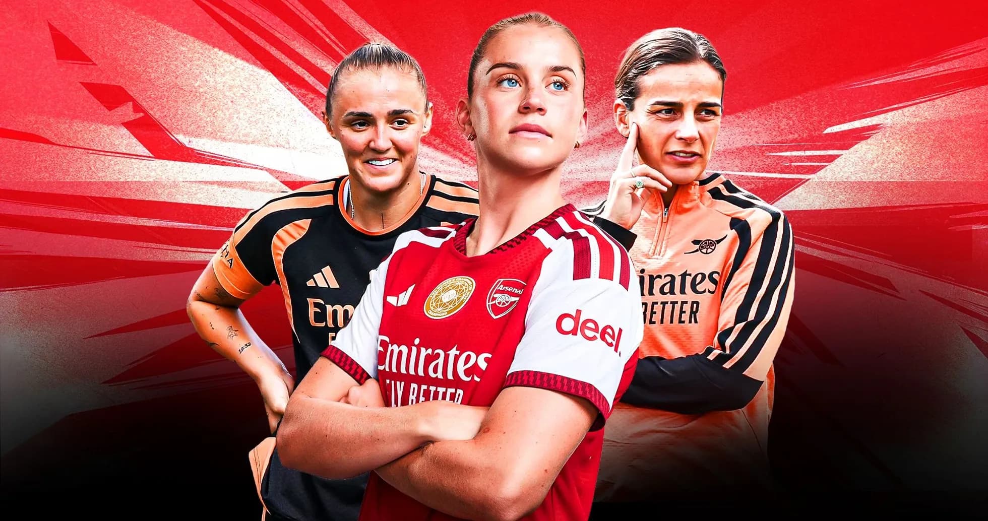 Three Arsenal women players posing confidently together