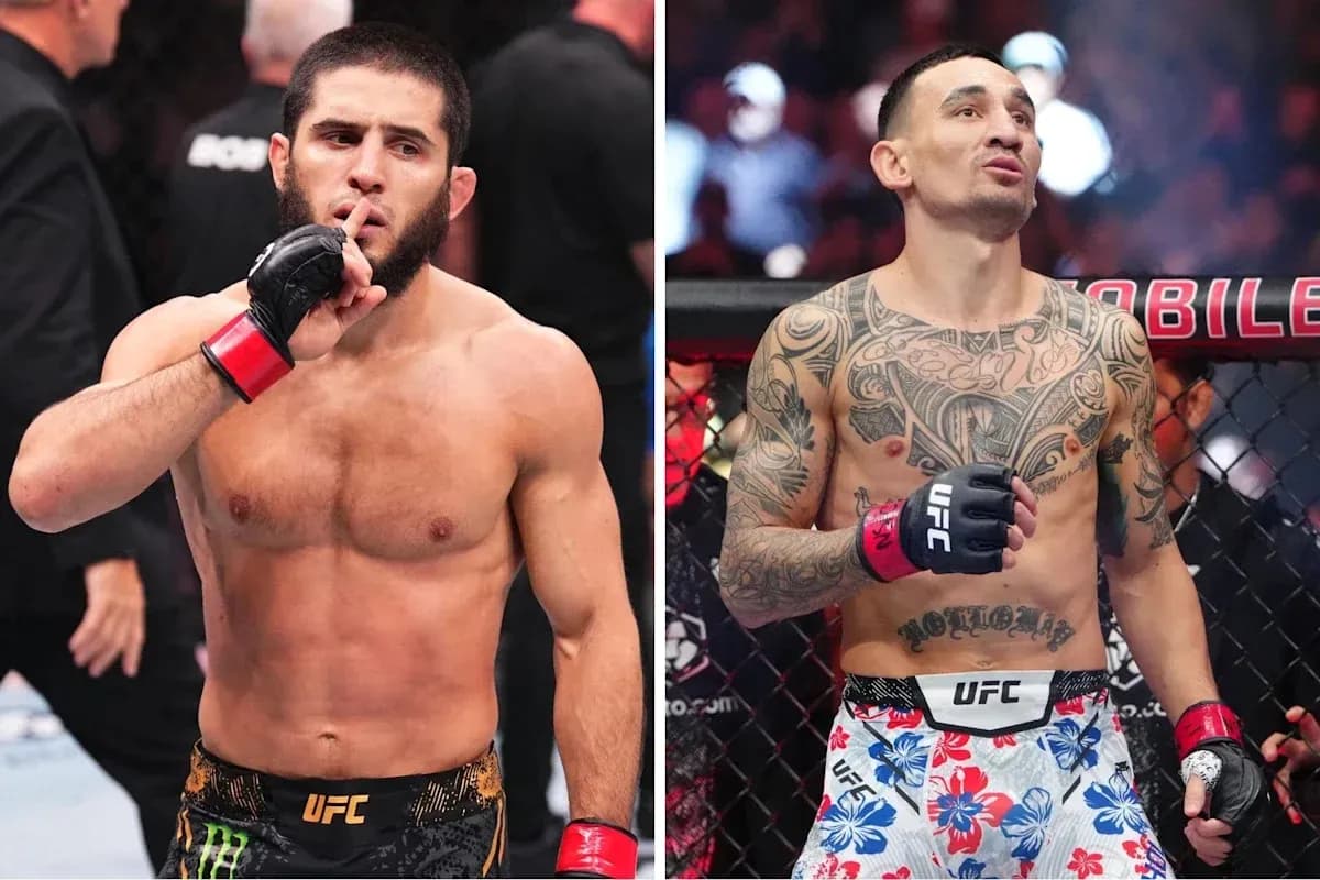 Two MMA fighters posing in the octagon