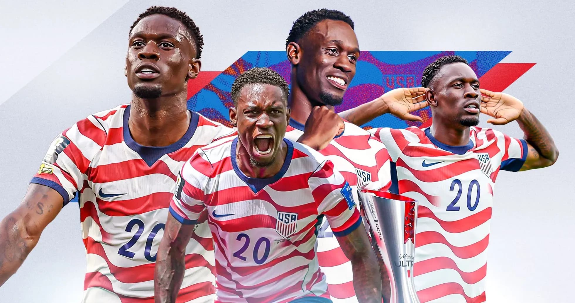 USA soccer player celebrating with trophy and poses