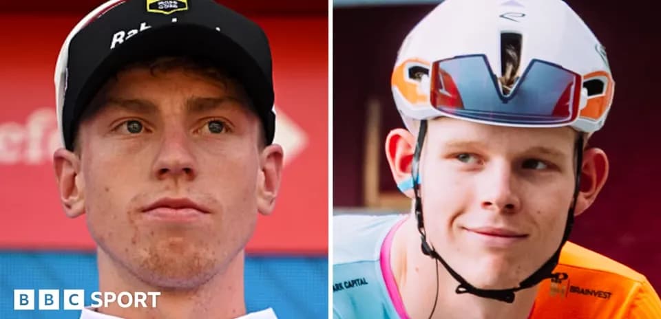 Two cyclists wearing helmets, one in team kit