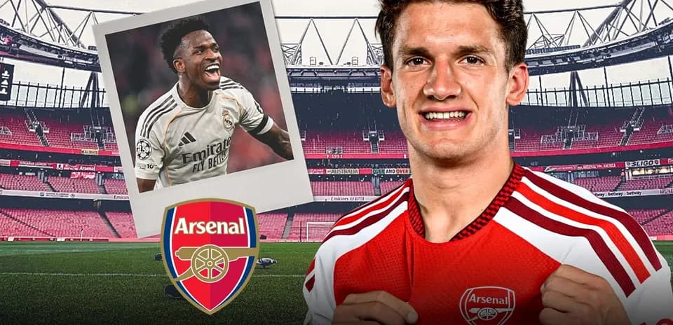 Arsenal player smiling with club logo and stadium