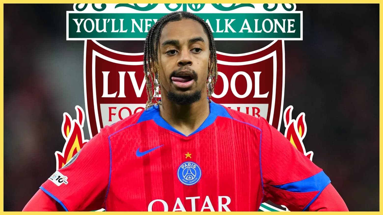 Futbolchi PSG formasi bilan Liverpool emblemasi orqasida