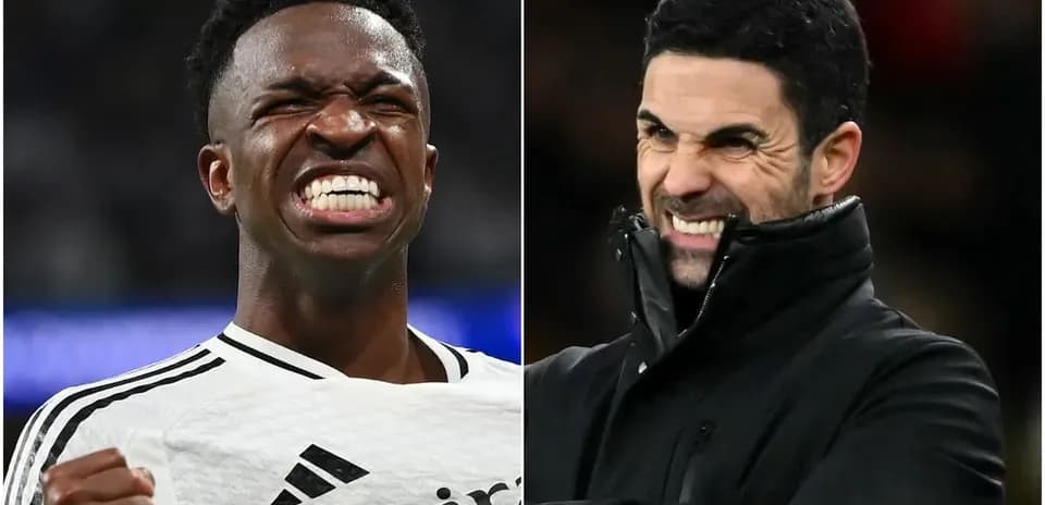 Vinicius Jr. celebrating, Mikel Arteta reacting on sideline