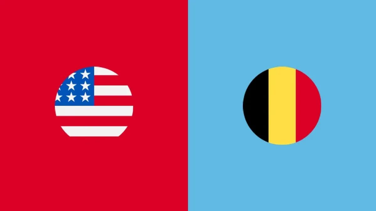Flags of USA and Belgium on colored backgrounds