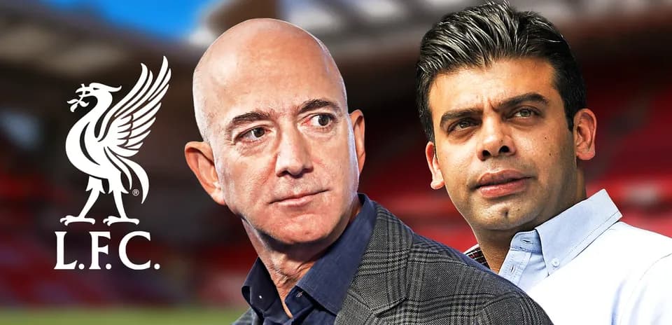 Jeff Bezos and another person with Liverpool logo