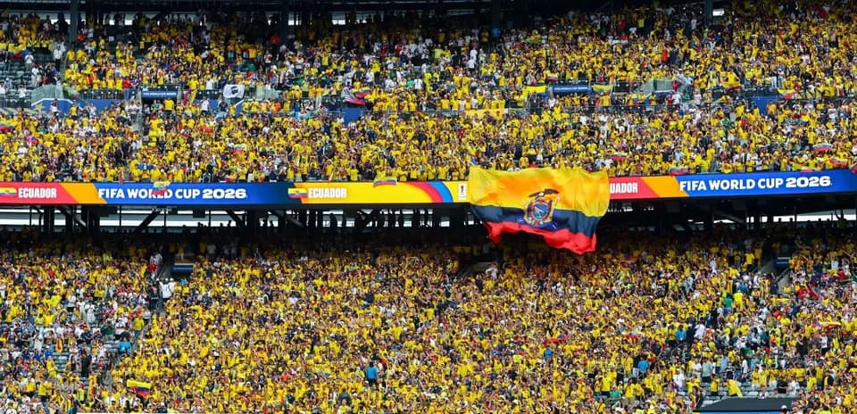 Ecuador fans cheering with yellow shirts at stadium